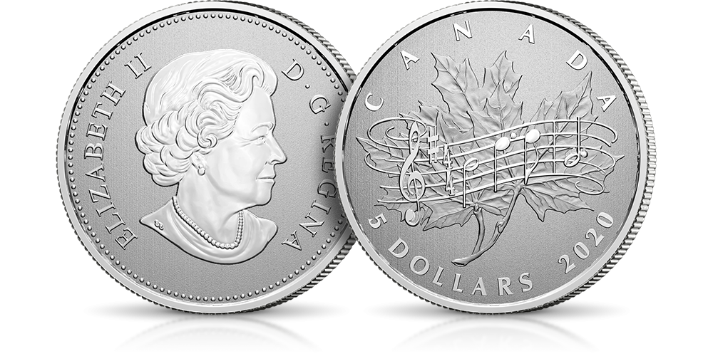 Srebrne dolary kanadyjskie - 40 rocznica hymnu narodowego Kanady, 5 dolarów, srebro, 2020