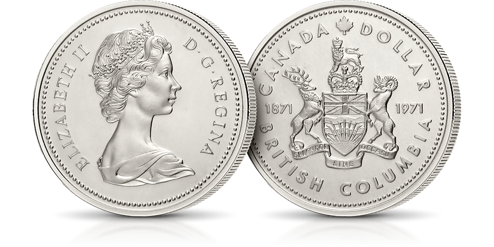 Moneta z 1971 roku wybita z okazji 100. rocznicy przyłączenia Kolumbii Brytyjskiej do Dominium Kanady - oryginalny srebrny dolar - znakomity stan zachowania