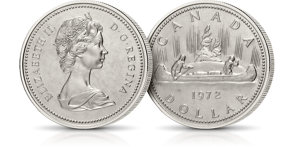 Srebrny dolar Voyageur z 1972 roku w znakomitym stanie zachowania. Oryginalna moneta wybita w Kanadyjskiej Mennicy Królewskiej