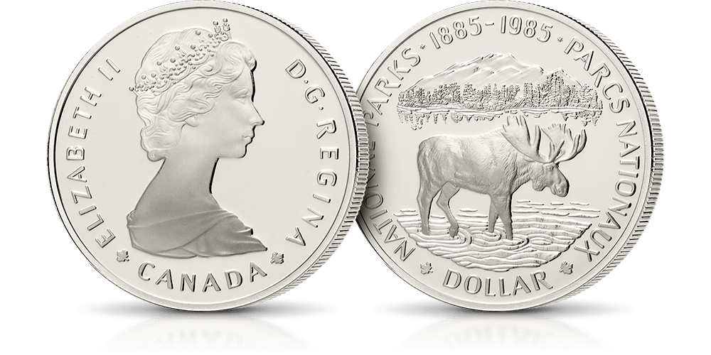 Moneta z 1985 roku wyemitowana z okazji 100-lecia Parków Narodowych Kanady - oryginalny srebrny dolar - znakomity stan zachowania
