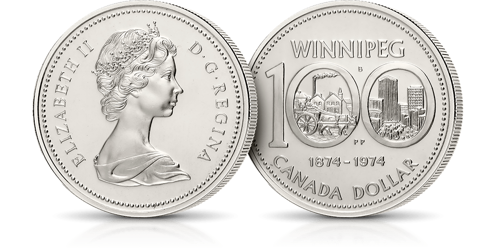 Moneta z 1974 roku wydana z okazji 100. rocznicy powstania miasta Winnipeg - oryginalny srebrny dolar - znakomity stan zachowania