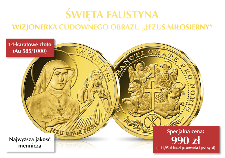Święta Faustyna na medalu z cennego złota