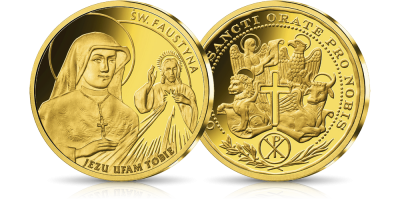 Święta Faustyna na medalu z cennego złota 