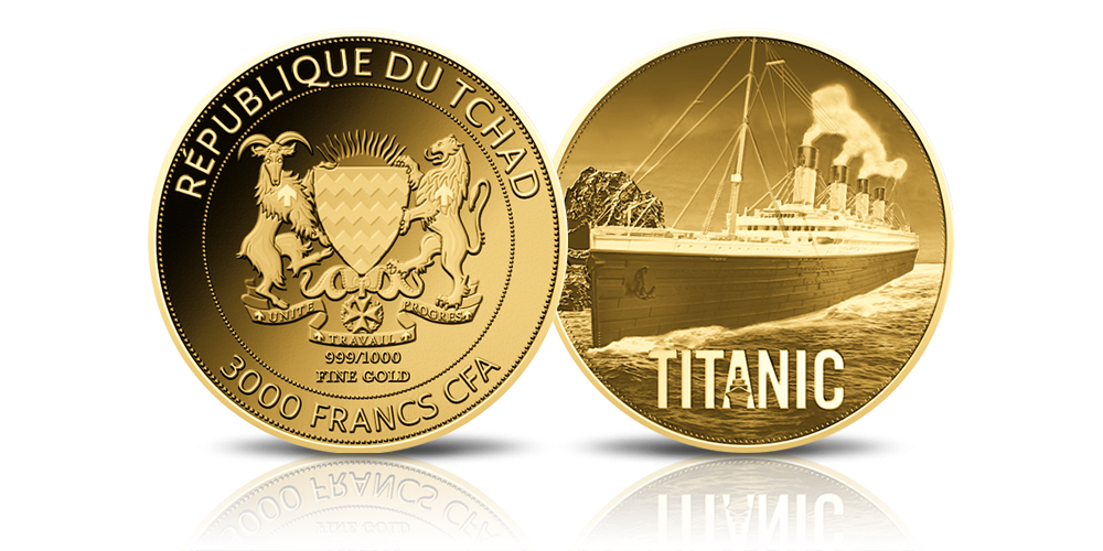Titanic na złotej monecie kolekcjonerskiej.