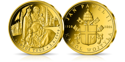 Dewiza Jana Pawła II - TOTUS TUUS na złotym medalu 