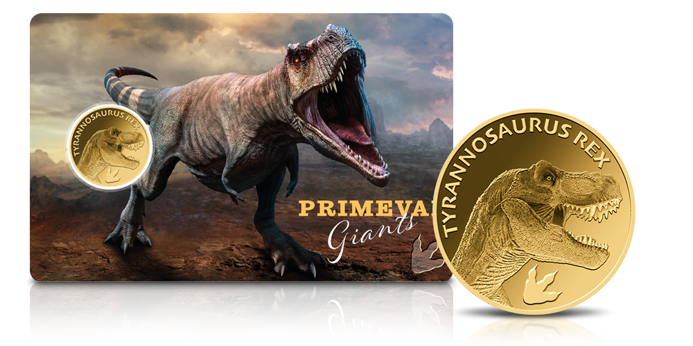 Tyranozaur rex na złotej monecie.