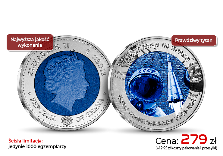 60. rocznica pierwszego lotu w kosmos upamiętniona na unikatowej monecie wybitej w tytanie