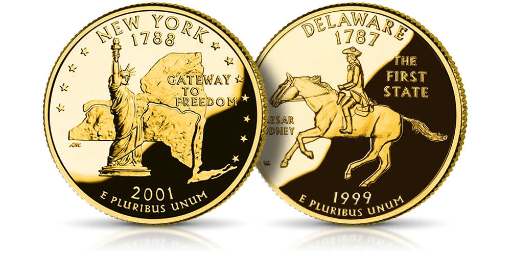 New Jork Delaware US State Quarters amerykańskie ćwierćdolarówki uszlachetnione złotem New Jork Delaware US State Quarters amerykańskie ćwierćdolarówki uszlachetnione złotem