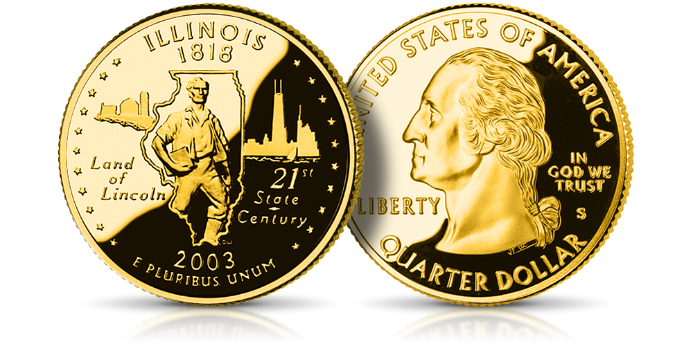 USA Quarters: Słynne amerykańskie ćwierćdolarówki uszlachetnione czystym złotem. Illinois 2003