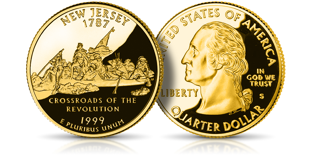 USA Quarters: Słynne amerykańskie ćwierćdolarówki uszlachetnione czystym złotem. New Jersey 1999