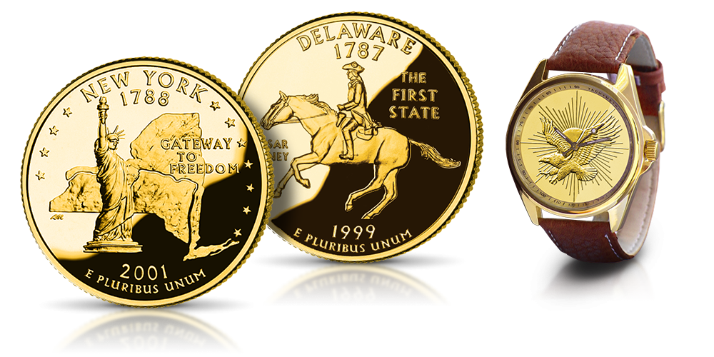 USA Quarters: Słynne amerykańskie ćwierćdolarówki uszlachetnione czystym złotem. Nowy Jork 2001 i Delaware 1999. Zegarek Gold Eagle