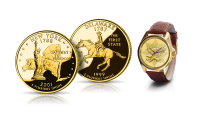 USA Quarters: Słynne amerykańskie ćwierćdolarówki uszlachetnione czystym złotem. Nowy Jork 2001 i Delaware 1999. Zegarek Gold Eagle
