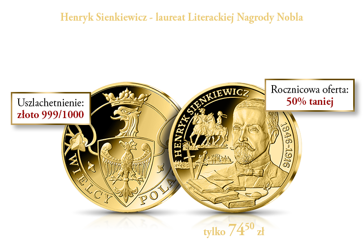 Henryk Sienkiewicz na medalu uszlachetnionym 24-karatowym złotem