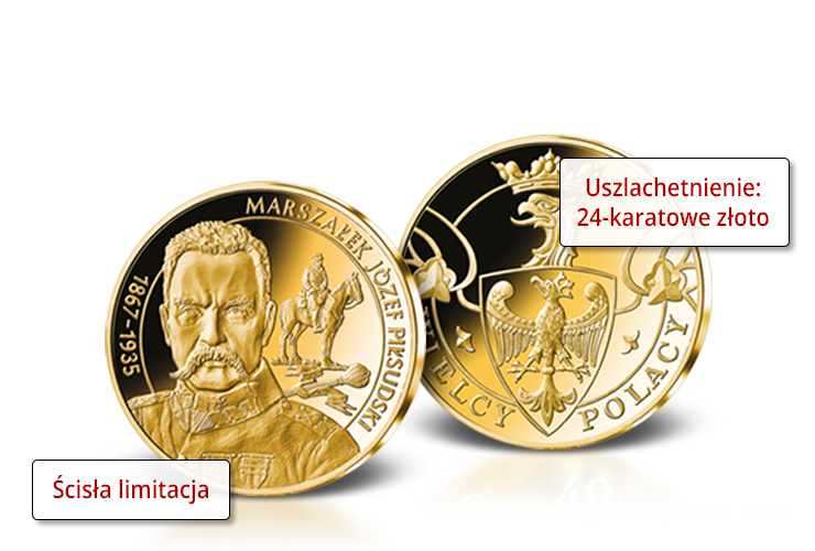 Marszałek Józef Piłsudski - medal pamiątkowy platerowany 24-karatowym złotem