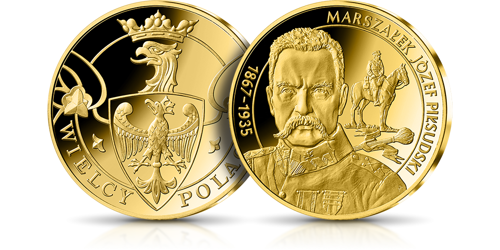 Marszałek Józef Piłsudski na medalu uszlachetnionym 24-karatowym złotem