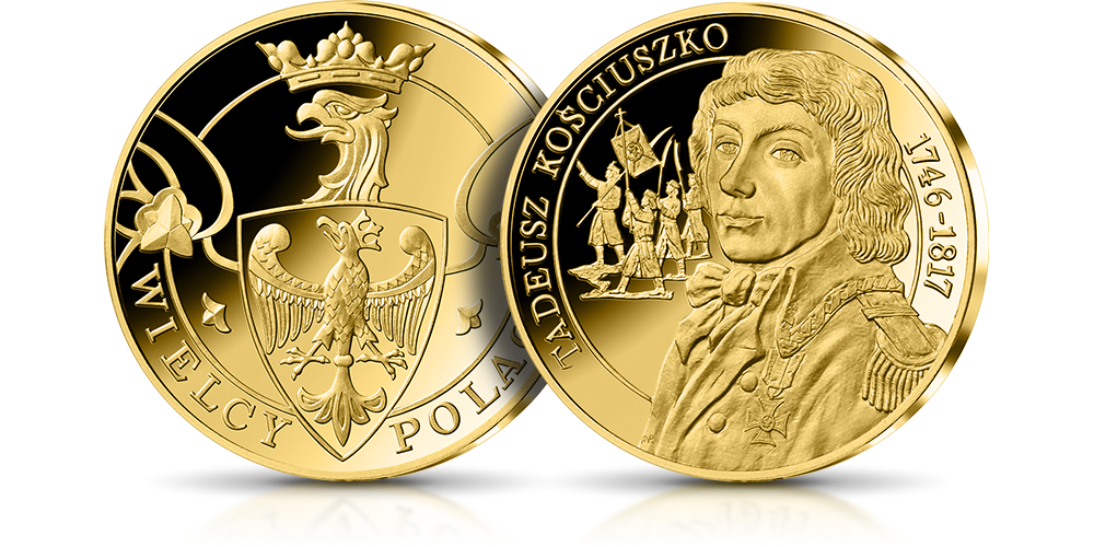 Tadeusz Kościuszko na medalu uszlachetnionym 24-karatowym złotem