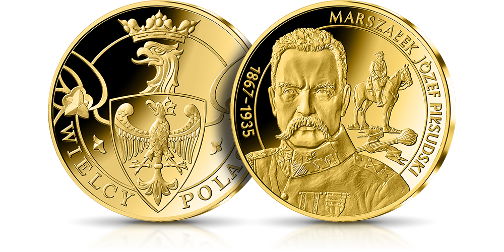 Józef Piłsudski na medalu uszlachetnionym 24-karatowym złotem Józef Piłsudski na medalu uszlachetnionym 24-karatowym złotem
