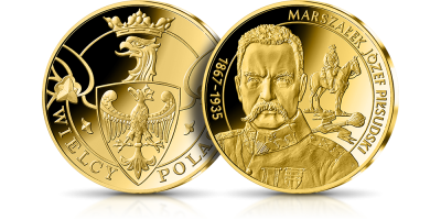 Józef Piłsudski na medalu platerowanym 24-karatowym złotem Józef Piłsudski na medalu platerowanym 24-karatowym złotem