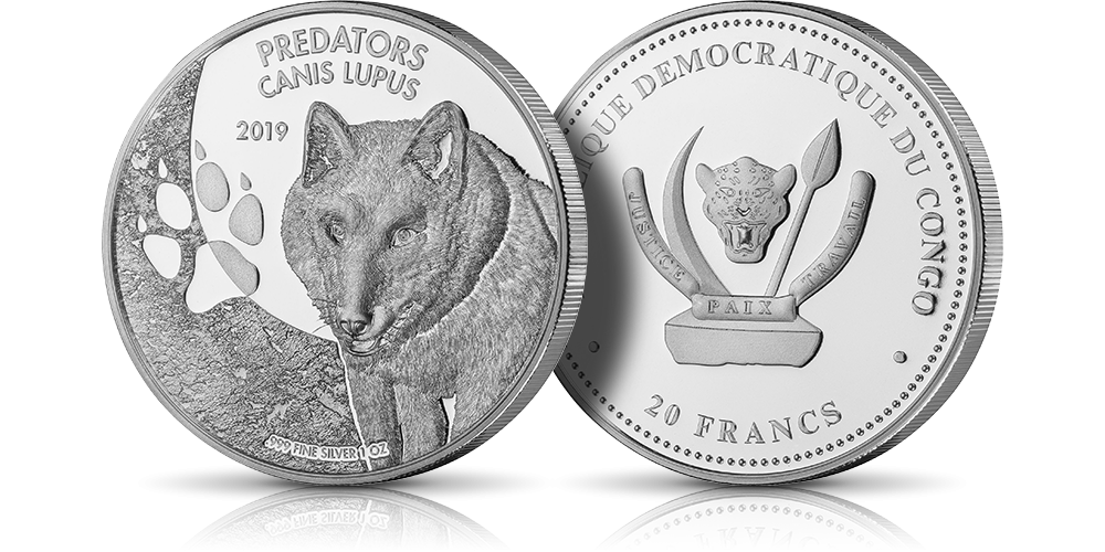Moneta z 1 uncji srebra. Predators. Canis Lupus. Wilk oraz ślad odbitej łapy. Cztery techniki bicia: stempel lustrzany, odwrócony stempel lustrzany, wykończenie atnique finish, częściowo wklęsły relief. Demokratyczna Republika Konga. Nominał 20 franków. Rok emisji: 2019 Moneta z 1 uncji srebra. Predators. Canis Lupus. Wilk oraz ślad odbitej łapy. Cztery techniki bicia: stempel lustrzany, odwrócony stempel lustrzany, wykończenie atnique finish, częściowo wklęsły relief. Demokratyczna Republika Konga. Nominał 20 franków. Rok emisji: 2019
