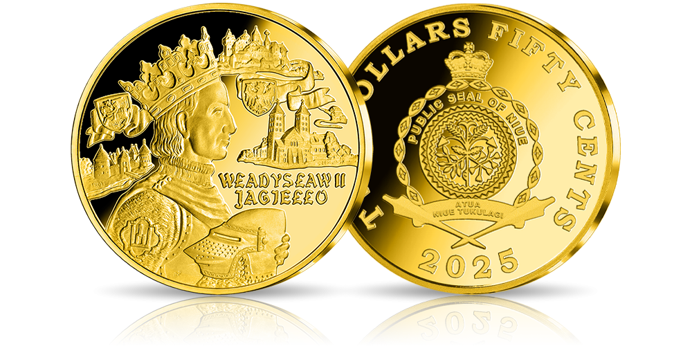 Złota moneta o nominale 2,5 dolara z wiezerunkiem Władysława Jagielły