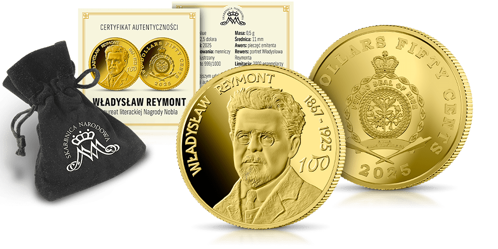 Władysław Reymont złota moneta w welurowym woreczku