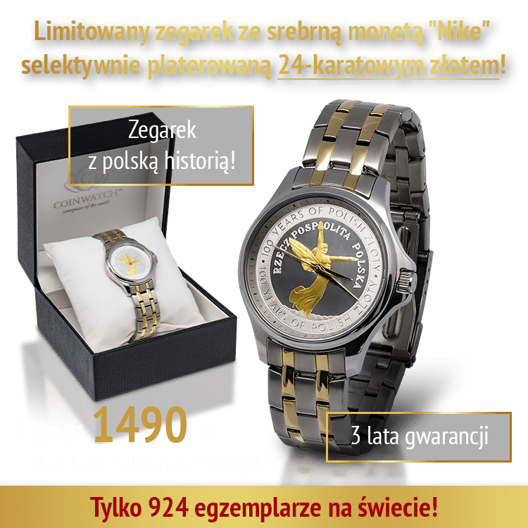 Zegarek ze srebrną monetą "Nike" selektywnie platerowaną 24-karatowym ...