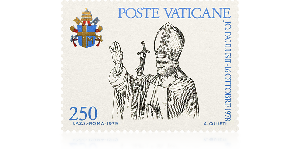 Papież Jan Paweł II na znaczku pocztowym.