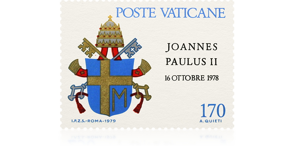 Herb Jana Pawła II na znaczku pocztowym.