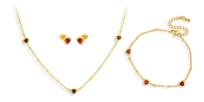 Łańcuszek, bransoletka i kolczyki - zestaw pozłacanej biżuterii z motywem serca 