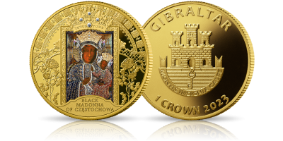 Jasnogórska Ikona na monecie wybitej w uncji czystego złota ozdobionej diamentami 