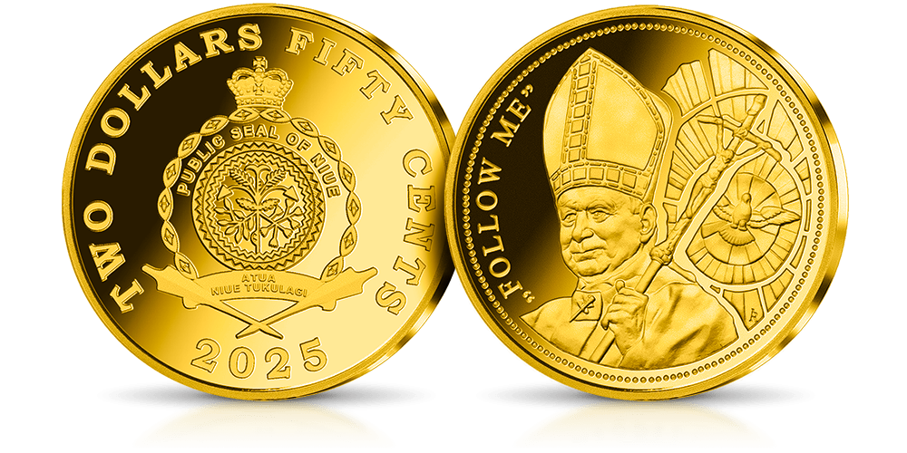  Moneta z czystego złota  przedstawiająca Jana Pawła II oraz hasło 