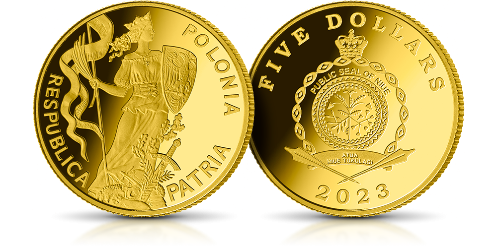 Polonia - symbol Polski - na oficjalnej złotej monecie_2g_18mm_5dolarow