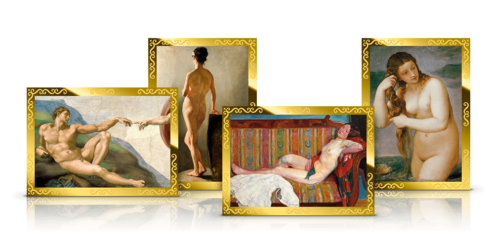 Przykładowe złote monety z kolekcji Najsłynniejsze akty w historii malarstwa